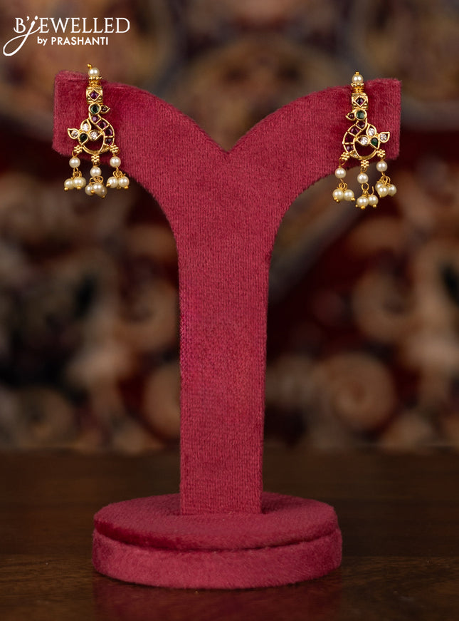 Antique guttapusalu haram floral & peacock design with kemp and cz stone and pearl hangings