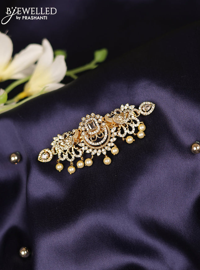 Antique hair clips medium size peacock design with cz stones and pearl hangings