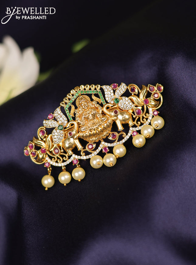 Antique hair clips medium size lakshmi design with kemp & cz stones and pearl hangings