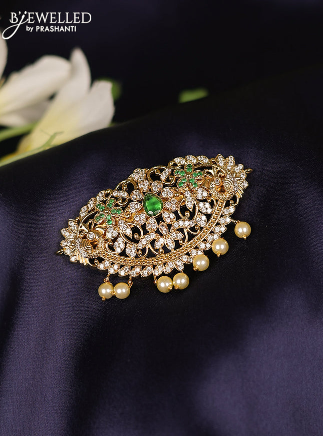 Antique hair clips medium size with emerald & cz stones and pearl hangings