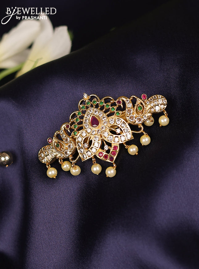 Antique hair clips medium size peacock design with kemp & cz stones and pearl hangings