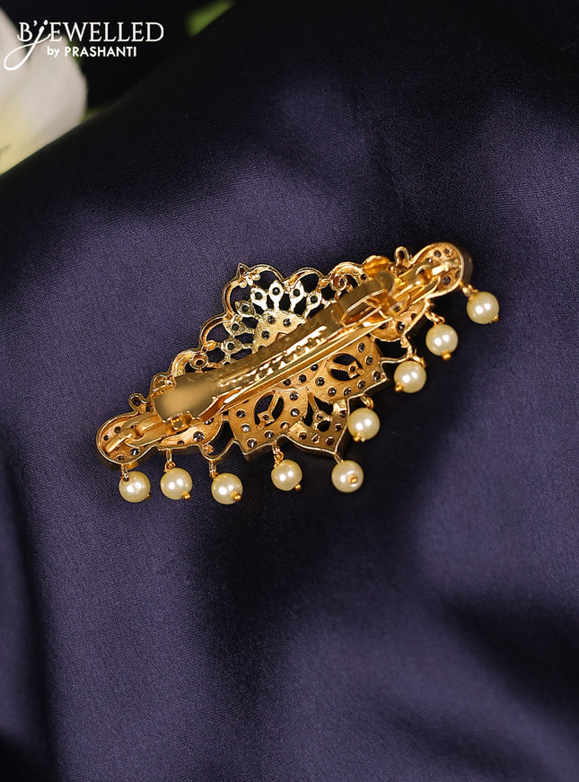 Antique hair clips medium size peacock design with kemp & cz stones and pearl hangings