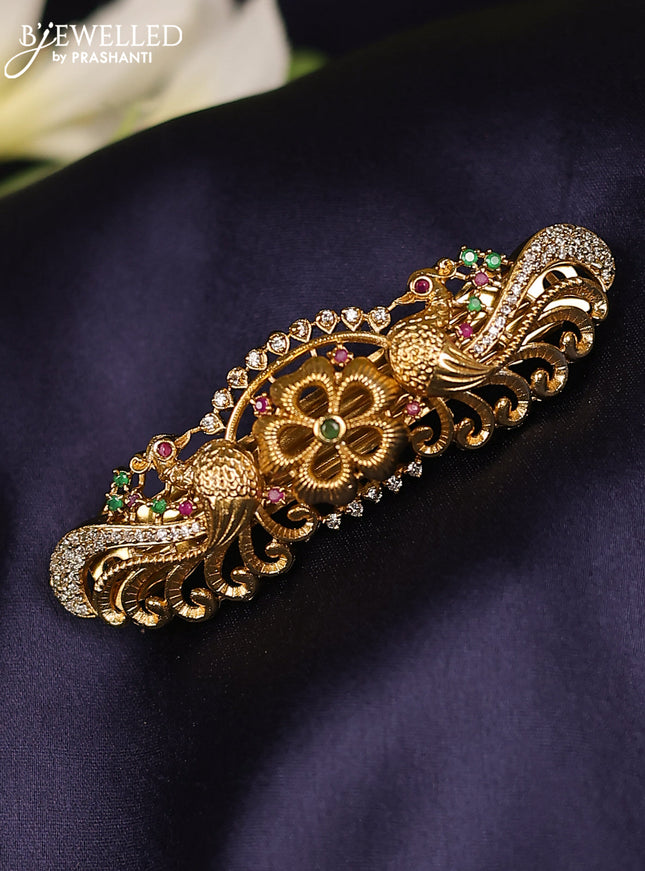 Antique hair clips medium size peacock design with kemp and cz stones