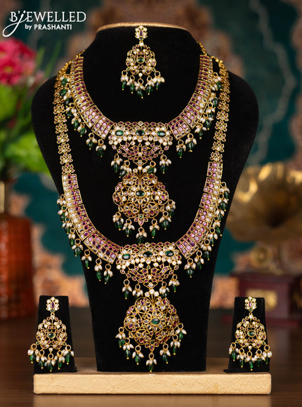 Antique combo set floral design with kemp & kundan stones and pearl & green beads hangings