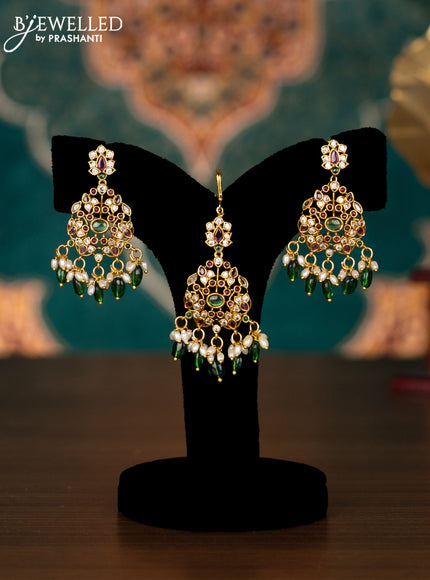 Antique combo set floral design with kemp & kundan stones and pearl & green beads hangings