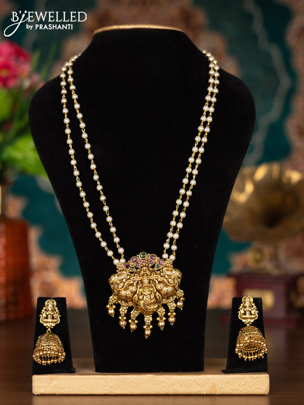 Pearl haram lakshmi pendant with kemp stones and golden beads hanging
