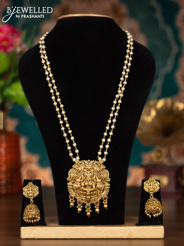 Pearl haram lakshmi pendant with kemp stones and golden beads hanging