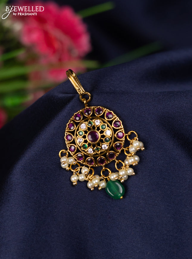 Antique maang tikka with kemp & cz stones and pearl hangings