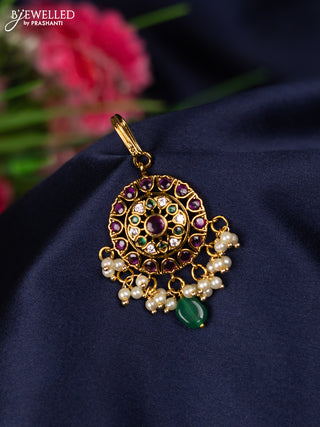 Antique maang tikka with kemp & cz stones and pearl hangings