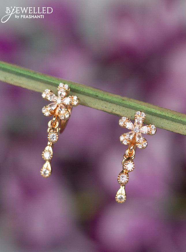 Rose gold hanging type earrings floral design with cz stones