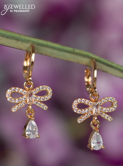 Rose gold hanging type earrings with mint green and cz stones