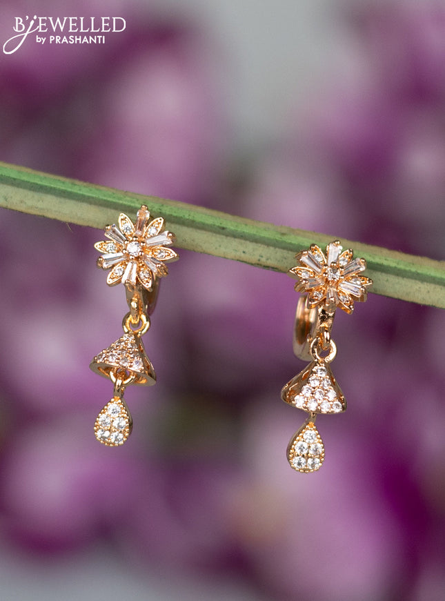 Rose gold hanging type earrings with cz stones