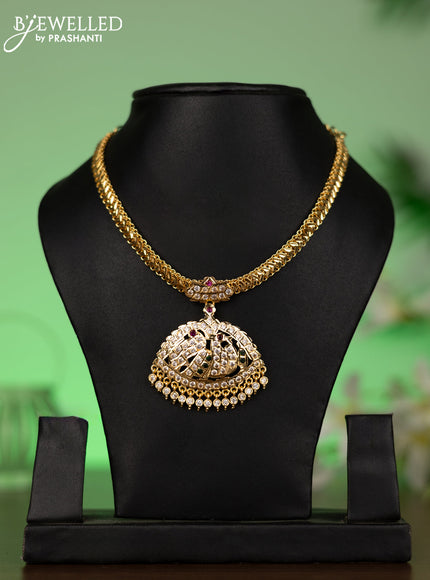 Attigai necklace with kemp & cz stones and hangings without earrings in gold finish