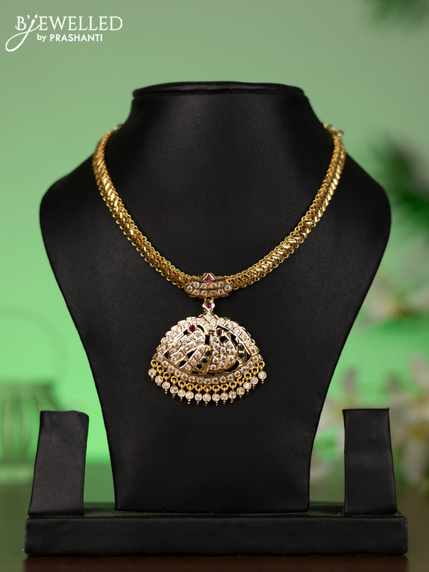 Attigai necklace with kemp & cz stones and hangings without earrings in gold finish