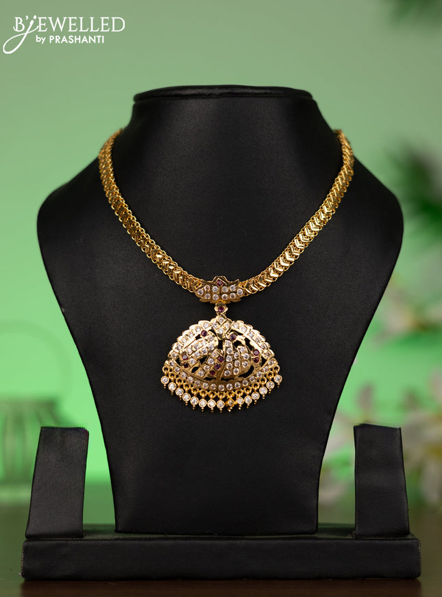 Attigai necklace with ruby & cz stones and hangings without earrings in gold finish