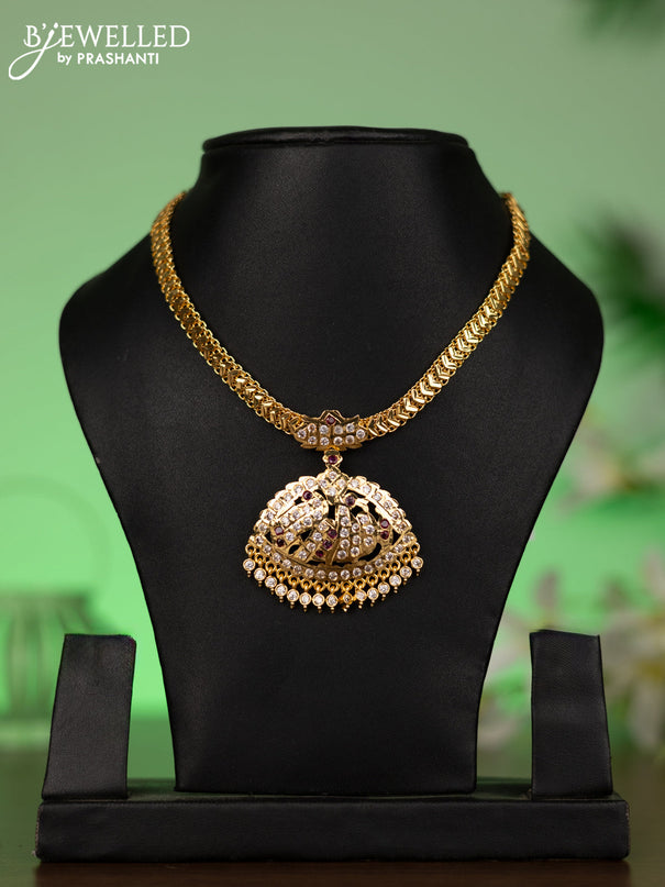 Attigai necklace with ruby & cz stones and hangings without earrings in gold finish