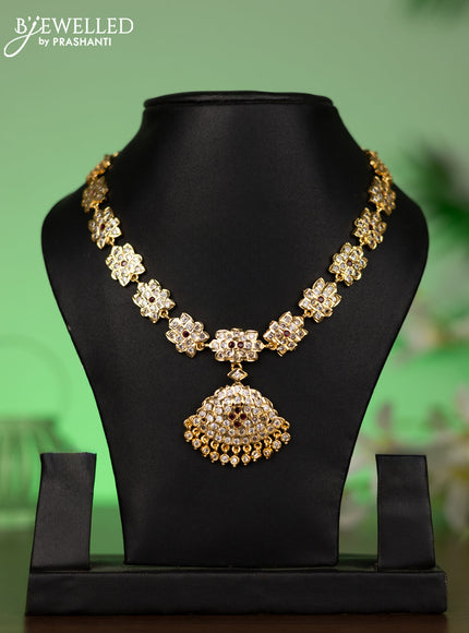 Attigai necklace with ruby & cz stones and hangings in gold finish