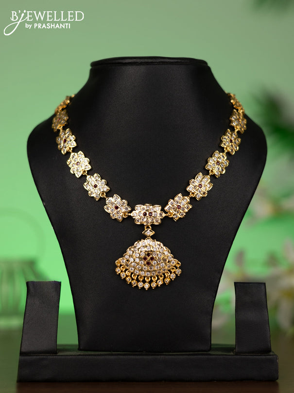 Attigai necklace with ruby & cz stones and hangings in gold finish