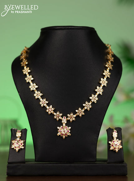 Attigai necklace floral design with ruby and cz stones in gold finish