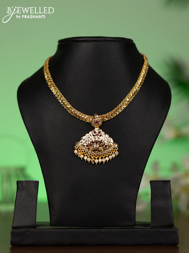 Attigai necklace with ruby & cz stones and hangings without earrings in gold finish