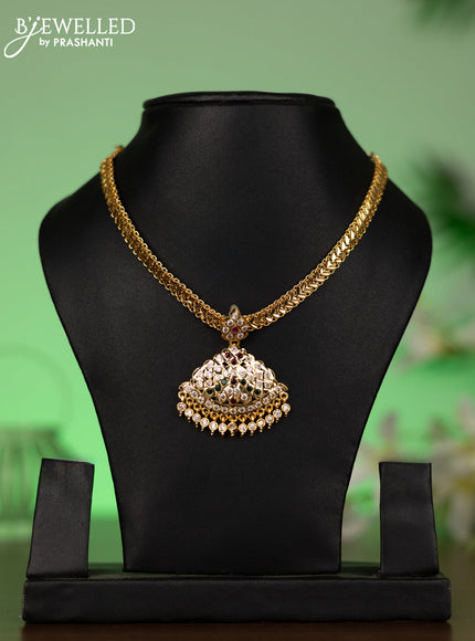 Attigai necklace with kemp & cz stones and hangings without earrings in gold finish