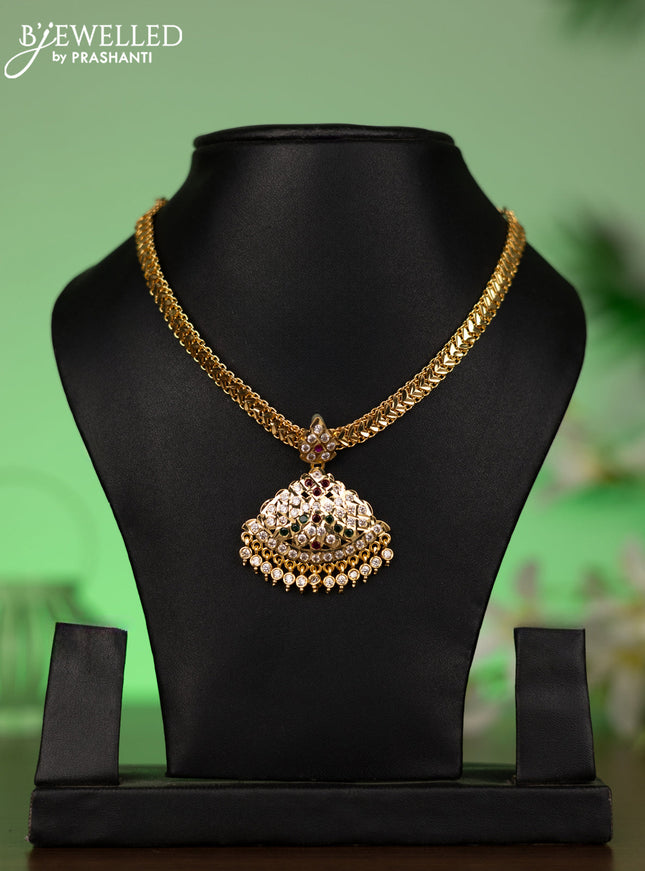 Attigai necklace with kemp & cz stones and hangings without earrings in gold finish
