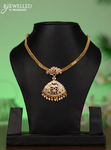 Attigai necklace with ruby & cz stones and hangings without earrings in gold finish