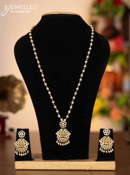 Pearl necklace lakshmi pendant with kemp & cz stones and pearl hangings