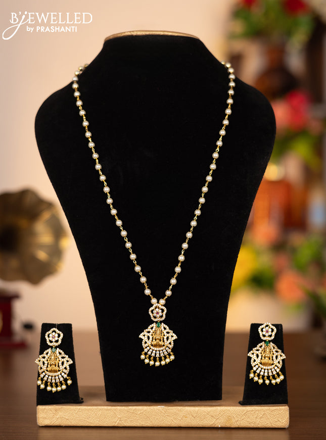 Pearl necklace lakshmi pendant with kemp & cz stones and pearl hangings