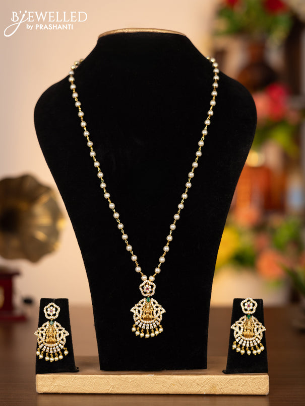 Pearl necklace lakshmi pendant with kemp & cz stones and pearl hangings