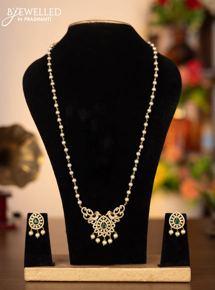 Pearl necklace with emerald & cz stones and pearl hangings