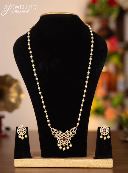 Pearl necklace with ruby & cz stones and pearl hangings