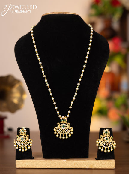 Pearl necklace peacock design with emerald & cz stones and pearl hangings