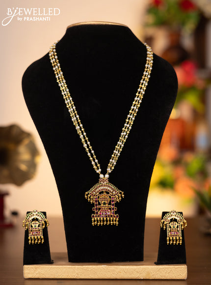 Pearl triple layer necklace shivlingam pendant with kemp & cz stones and golden beads hangings