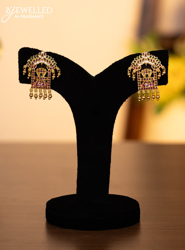 Pearl triple layer necklace shivlingam pendant with kemp & cz stones and golden beads hangings
