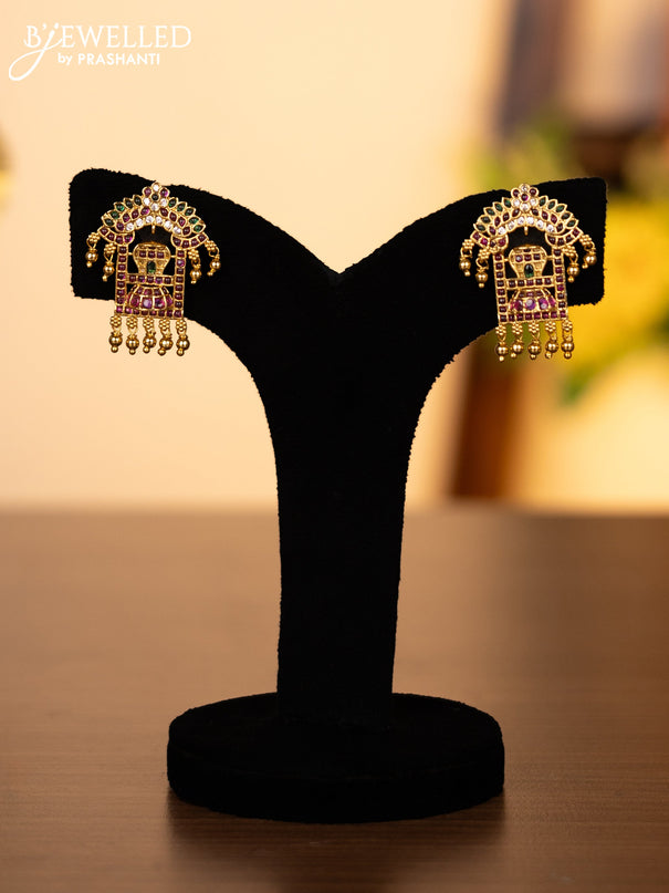 Pearl triple layer necklace shivlingam pendant with kemp & cz stones and golden beads hangings