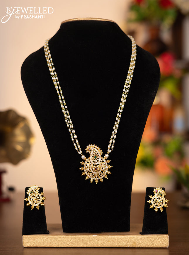 Pearl triple layer necklace peacock design with kemp and cz stones