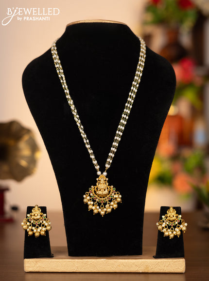 Pearl triple layer necklace peacock pendant with kemp & cz stones and pearl & golden beads hangings