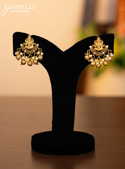 Pearl triple layer necklace peacock pendant with kemp & cz stones and pearl & golden beads hangings