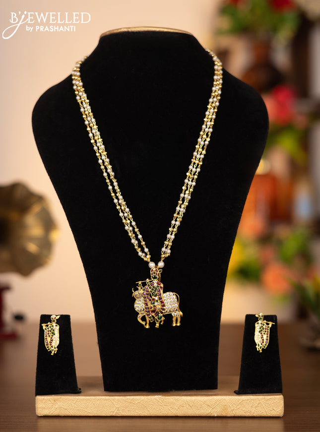 Pearl triple layer necklace krishna pendant with kemp and cz stones