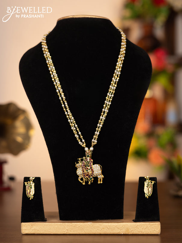 Pearl triple layer necklace krishna pendant with kemp and cz stones