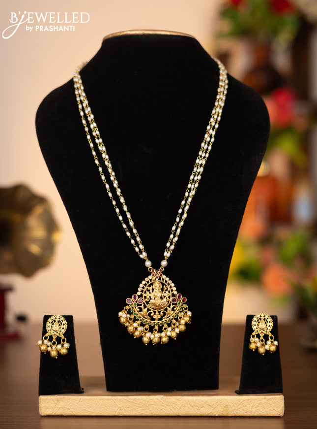 Pearl triple layer necklace lakshmi pendant with kemp & cz stones and pearl & golden beads hangings