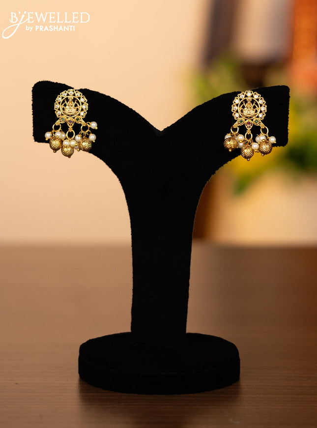 Pearl triple layer necklace lakshmi pendant with kemp & cz stones and pearl & golden beads hangings