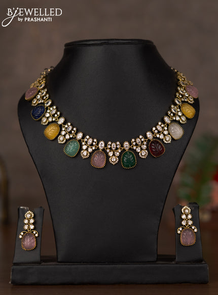 Necklace with multicolour and kundan stones in victorian finish