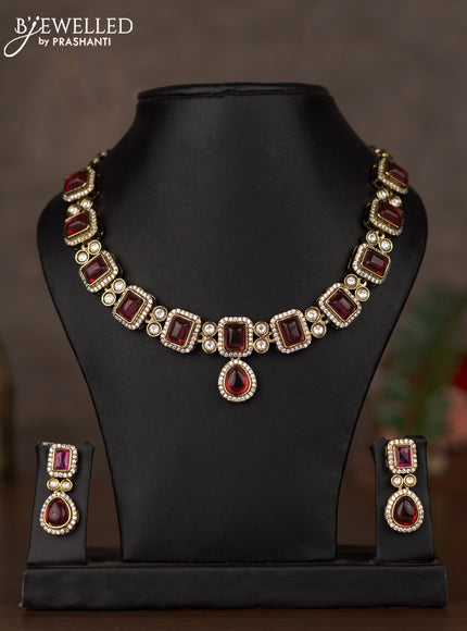 Necklace with ruby and cz & kundan stones in victorian finish