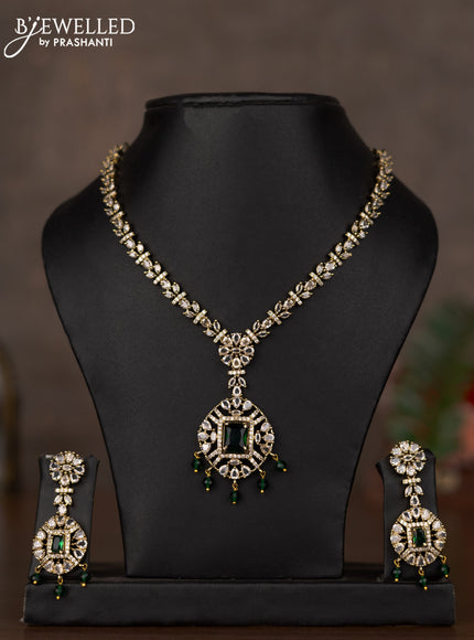 Necklace with emerald & cz stones and green beads hangings in victorian finish