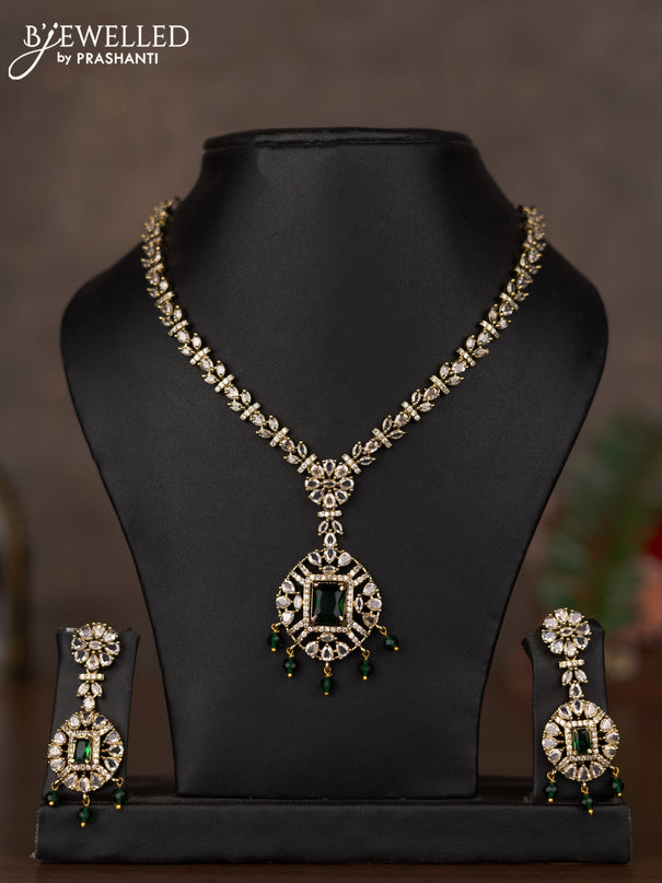 Necklace with emerald & cz stones and green beads hangings in victorian finish