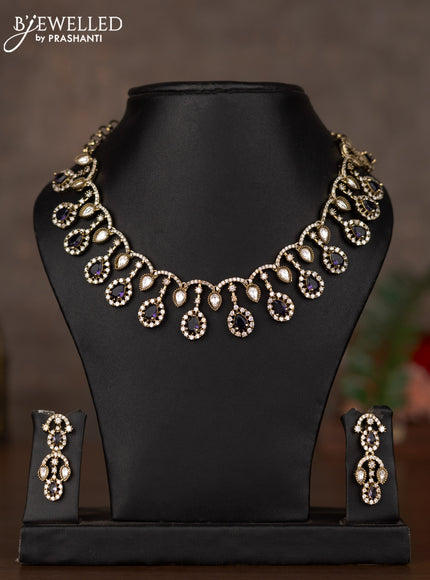 Necklace with violet and cz & kundan stones in victorian finish