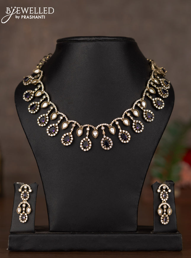 Necklace with violet and cz & kundan stones in victorian finish
