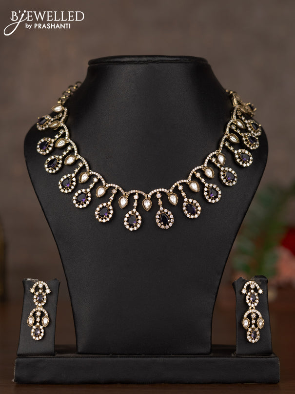 Necklace with violet and cz & kundan stones in victorian finish